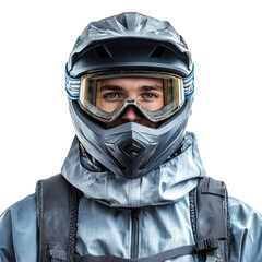 Motocross rider wearing helmet and goggles with protective gear, prepared for off-road adventure, isolated on transparent background, cutout png