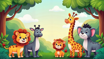 Naklejka premium Cartoon animals smiling together in a lush forest 