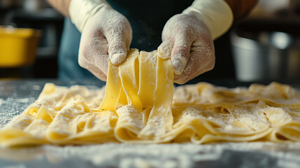 Close-up of a chef preparing pasta in a restaurant.