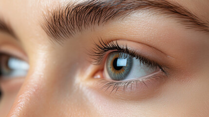 Close up of eye after eye drops treatment. Tired eyes and contact lenses.