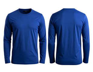  Dark Blue Long Sleeve T-Shirt Mockup Front and Back View Side-by-Side, Isolated on Black Background PNG
