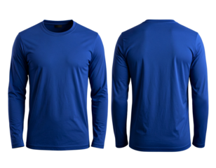  Dark Blue Long Sleeve T-Shirt Mockup Front and Back View Side-by-Side, Isolated on Black Background PNG