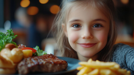 The girl is eating a delicious beef steak with French fries.