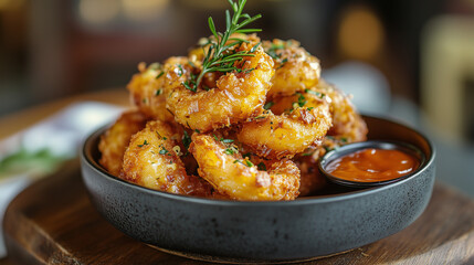 Fried breaded onion rings with sauce on wooden table. Close-up view.