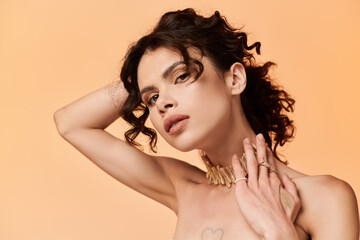 Captivating young woman showcases summer style against a warm background with elegance and charm