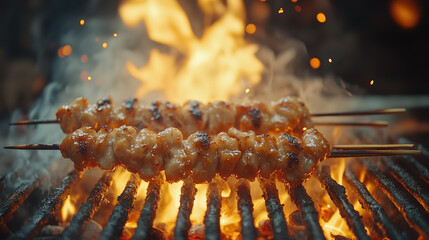 Satay or chicken satay, rabbit, lamb satay, grilled on hot coals and gives off a lot of smoke. Traditional satay, street food from Indonesia.
