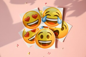 Joyful Emoji Stickers: A Collection of Happy, Loving, and Tearful Expressions on Pink Background