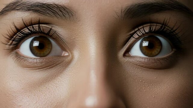 Close-Up of Eyes Opening with Reflection as brown irises widen in soft lighting, capturing the intricate textures of eyelashes and skin with natural ambient highlights in a dark frame