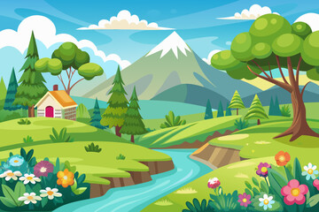 Fototapeta premium Cartoon Landscape with House Mountain River and Flowers in a Bright and Colorful Style for Children s Illustration