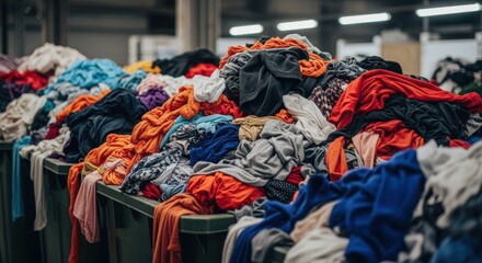 Colorful second hand clothing waits for sorting and recycling in a textile recycling facility, promoting sustainable fashion and reducing waste