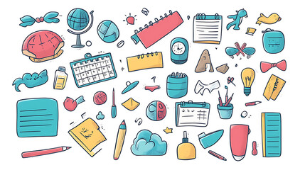 Cute cartoon study planner with colorful icons, calendar, and doodles 