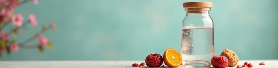 Minimalist glass water bottle with bamboo lid, next to various colorful energy bars and protein bites, wellness, active, portable
