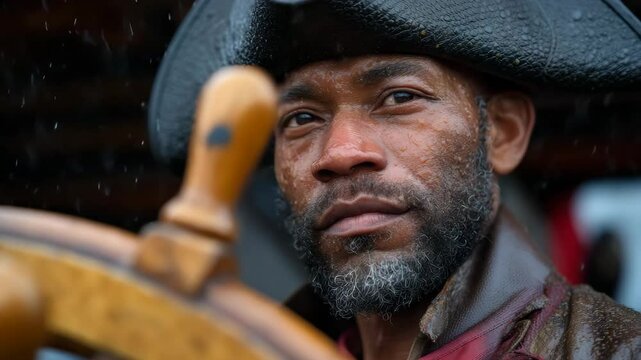 Intense pirate steering ship in rain  focused expression amidst rough seas challenge