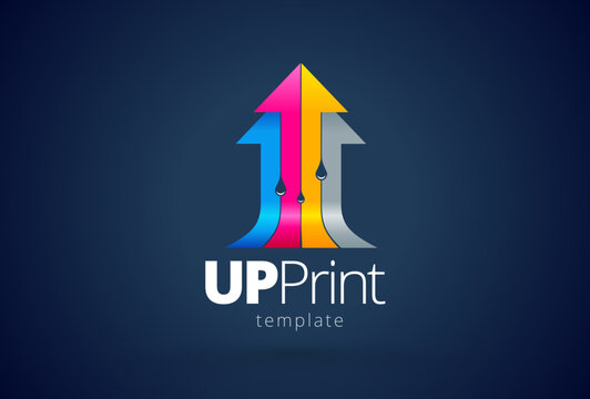 Up Print. Printing logo. Cmyk Arrows actoins stripes and drops ink. Template design vector. Black background