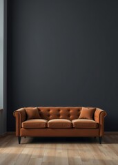 Brown sofa on a dark gray wall background conceptual photo of an interior with a place for an inscription Empty room interior design architecture blank design room