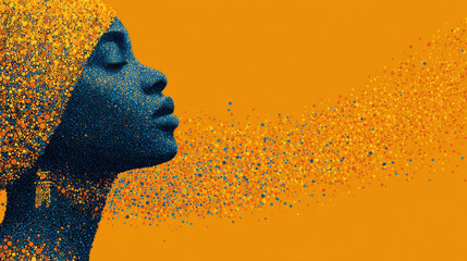 Abstract Portrait of a Woman in Profile, Blue and Orange Dots on Orange Background