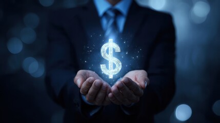 The Hands Holding a Glowing Dollar Sign Symbolizing Wealth and Prosperity