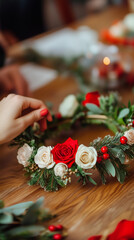 Floral workshop hands crafting Christmas wreath red white roses pine greenery berries holiday diy decor table celebration winter event festive creative modern cozy blog mockup teacher class ad promo