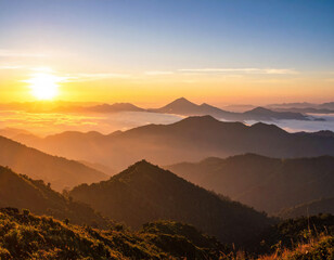 Sunrise Over Mountain Range in Morning Mist &ndash; Mystical Panorama Landscape
