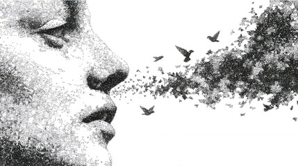 Black And White Stipple Illustration Of A Kissing Couple With Birds Flying Away