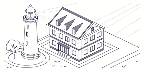 Isometric view of a lighthouse with a nearby building and a tree on a white background scene design