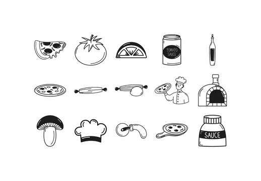 Black And White Pizza Italian Food Chef Cooking Icons Set