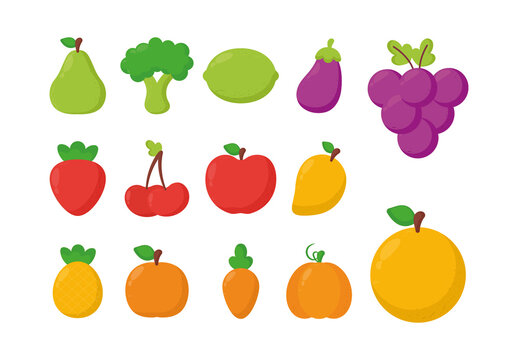 Colorful Fruits Vegetables Organic Health Food Nature Illustrations Set