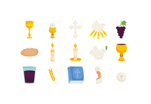 Colorful First Communion Sacrament Religious Catholic Illustrations Set
