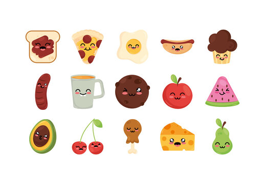 Colorful Kawaii Food Delicious Cute Snacks Illustrations Set