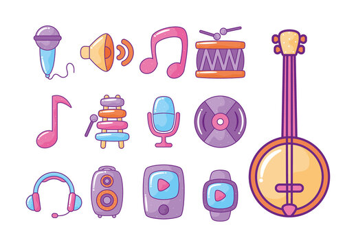 Colorful Music Instruments Sound Audio Melody Illustrations Set