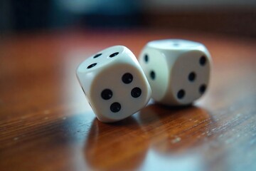 Rolling Dice Motion Blur Close-up of Classic White Dice on Wooden Table, Gambling, Chance, Game, Luck