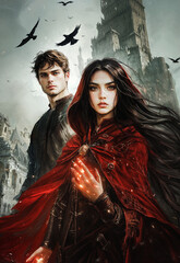Fantasy Couple with Magic Powers, Woman in Red Cloak and Man Standing Before Ancient Castle, Dark Romantic Heroine with Fire Hand and Gothic Medieval Background