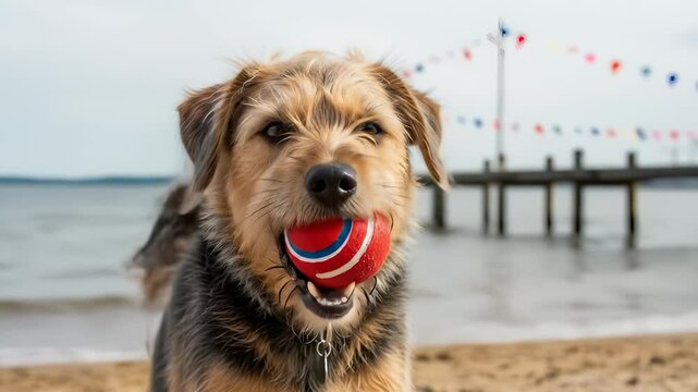 Playful terrier mix dog holds a red and blue ball on a sunny beach looking at the camera.