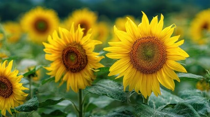 Naklejka premium The vibrant sunflowers in a beautiful blooming field on a sunny day.