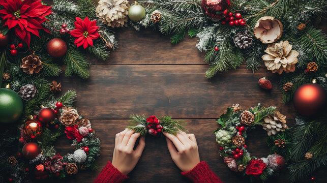 Diy craft making Christmas wreaths rustic pine green red festive holiday decor hands wood table copy space center natural floral arrangement cozy winter flatlay blog workshop 90s mockup empty flatlay 