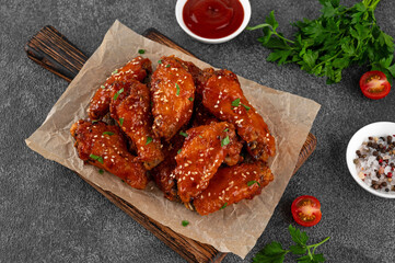Baked chicken wings in a sweet chili sauce and sesame seeds on a wooden board on a dark concrete...