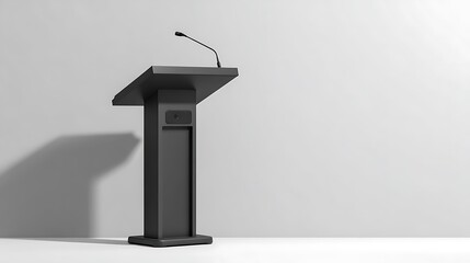 Black podium with attached microphone for public speaking events. Modern lectern for presentations speeches. Isolated furniture for seminar event. Pro speaker equipment on white .