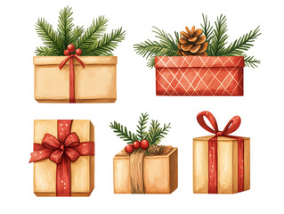 Five christmas gifts decorated with pine branches and berries isolated on transparent background