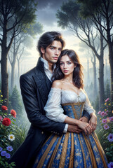 Romantic Fantasy Couple in Enchanted Forest, Noble Man Embraces Woman in Blue and Gold Gown at Sunrise, Fairytale Love Illustration with Floral Magic Atmosphere