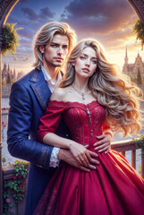 Romantic Royal Couple in Red Dress and Blue Coat, Standing on Balcony with Castle View at Sunset, Elegant Fantasy Lovers with Golden Sky Background