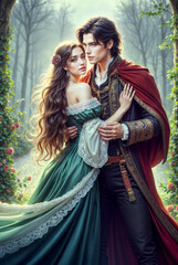 Romantic Fairytale Lovers in Enchanted Garden Arch, Nobleman Embracing Woman in Emerald Green Gown with Rose Flowers and Magic Forest Vibes