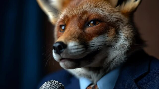 Anthropomorphic fox giving speech behind microphone in formal attire