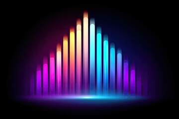 Colorful audio equalizer graphic on dark background.  Vibrant, glowing bars in rainbow hues create a wave-like effect.  Low-light,  modern design