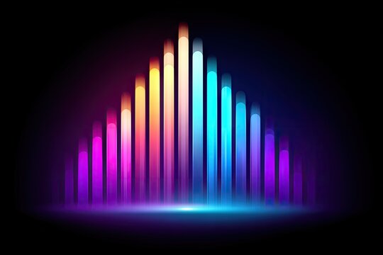 Colorful audio equalizer graphic on dark background.  Vibrant, glowing bars in rainbow hues create a wave-like effect.  Low-light,  modern design