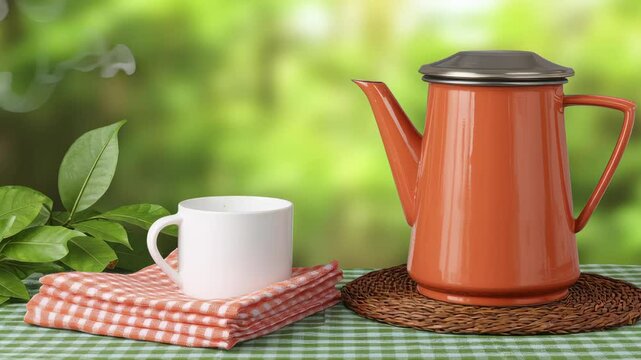 Warm Scene with Red Teapot and White Cup on Checkered Cloth, Set Against Lush Green Background with Vibrant Orange Teapot and Cozy Outdoor Setting