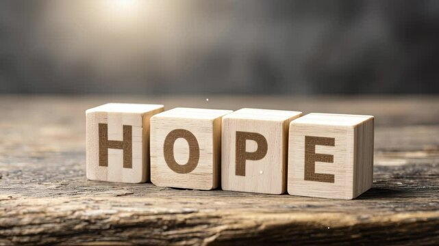 Wooden Blocks with Letters I, O, P, M on Rustic Surface, Spelling HOPE, Illuminated by Sunlight, Conveying Optimism and Warm Atmosphere