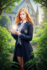 Redhead Magical Student with Sparkling Energy, Academy Uniform Girl Casting Spell, Fantasy Sorceress in School Garden