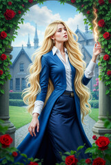 Elegant Blonde Witch with Lightning Spell, Fantasy Girl in Blue Academy Uniform, Magical School Portrait with Roses and Castle