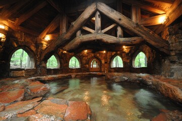 Obraz premium Rustic, stone-walled spa with wooden beams