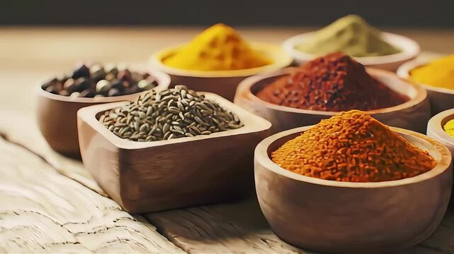 Assortment of colorful spices in wooden bowls on wooden table